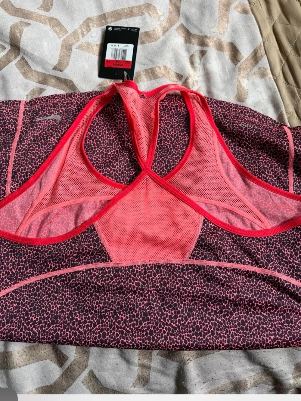 2pc Nike Pink and Black Leopard Print Sports top with Black Coral-Trim Leggings